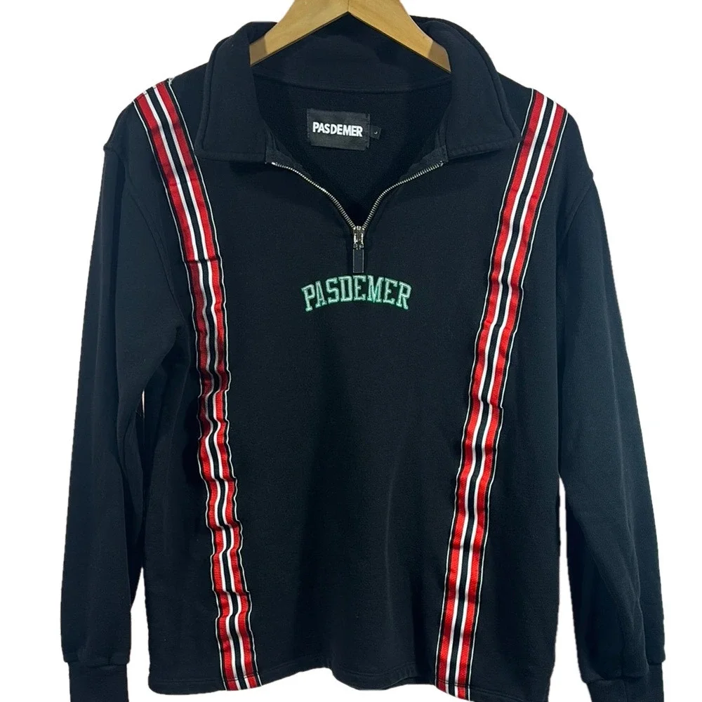 Red and Black Zip Up Sweater with Striking Stripes
